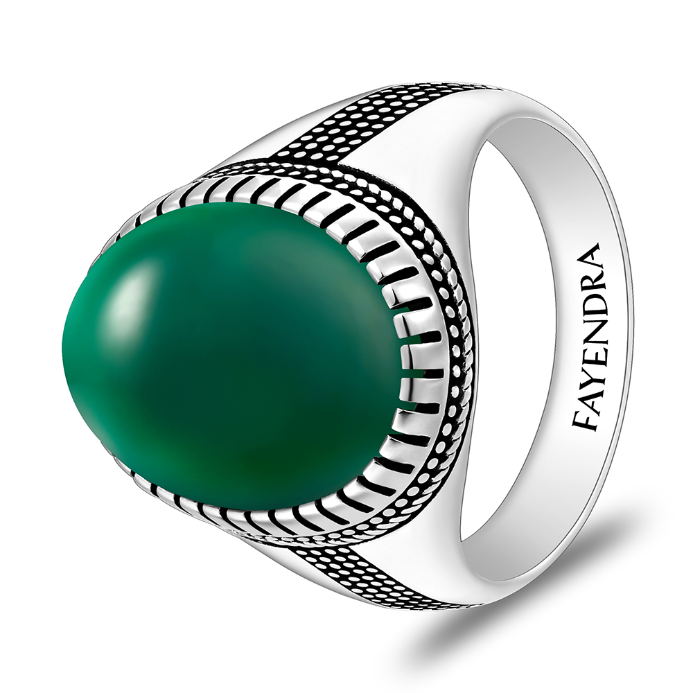Sterling Silver 925 Ring Rhodium And Black Plated Embedded With Green Agate Cabochon For Men