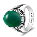 Sterling Silver 925 Ring Rhodium And Black Plated Embedded With Green Agate Cabochon For Men