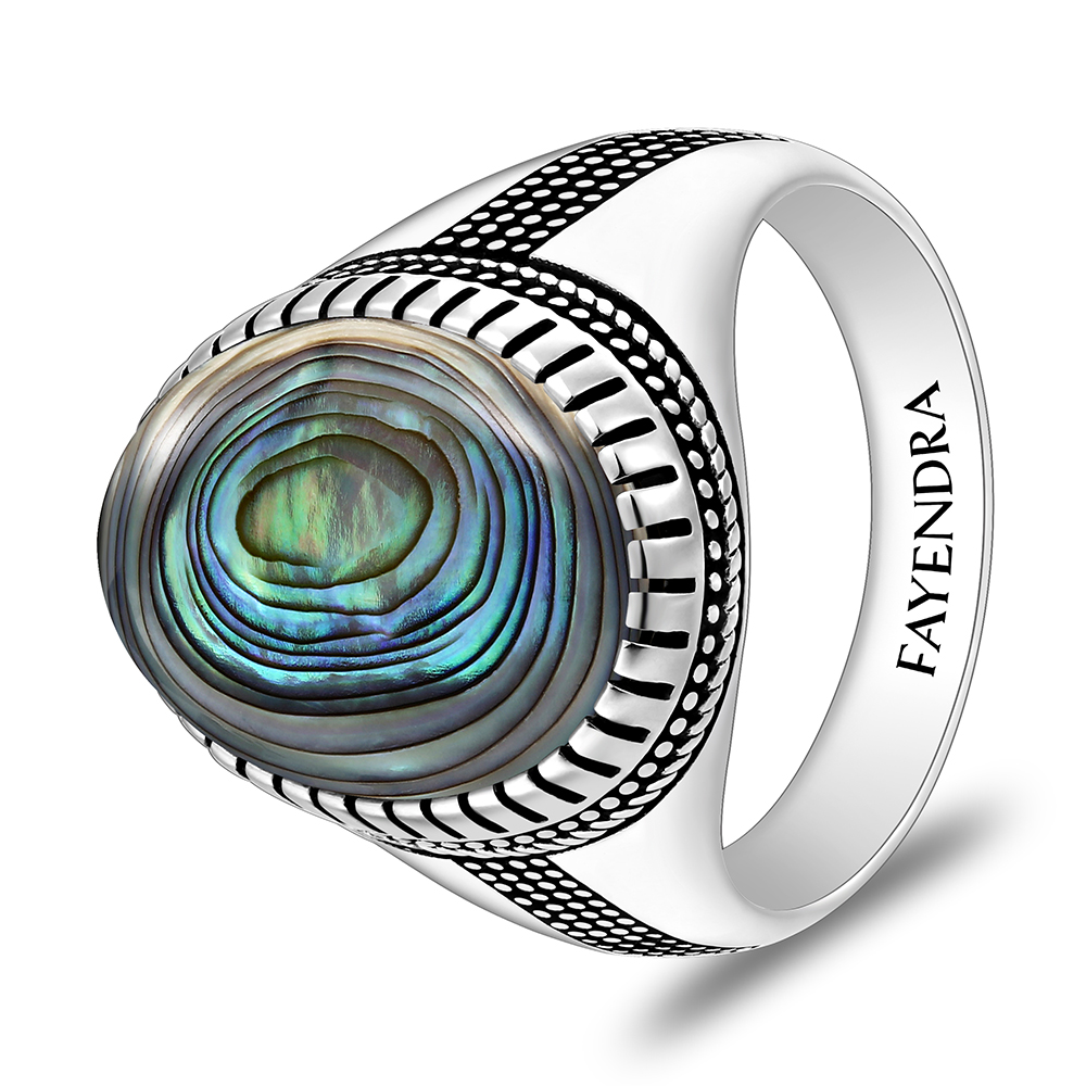 Sterling Silver 925 Ring Rhodium And Black Plated Embedded With Blue Shell Cabochon For Men
