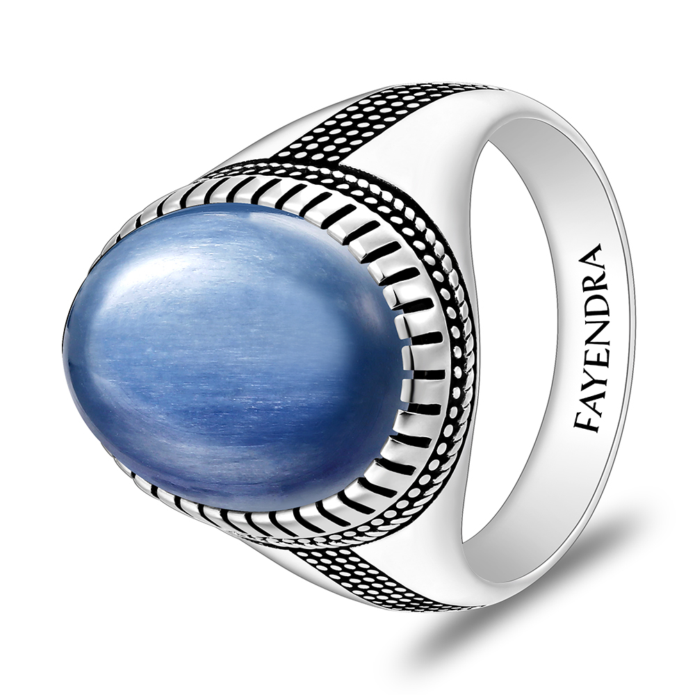 Sterling Silver 925 Ring Rhodium And Black Plated Embedded With Natural Kyanite Cabochon For Men
