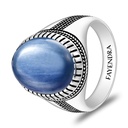 Sterling Silver 925 Ring Rhodium And Black Plated Embedded With Natural Kyanite Cabochon For Men