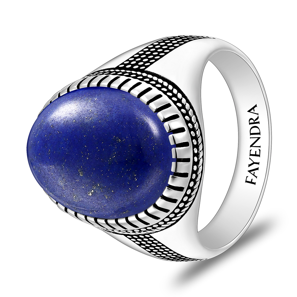 Sterling Silver 925 Ring Rhodium And Black Plated Embedded With Lapis Cabochon For Men