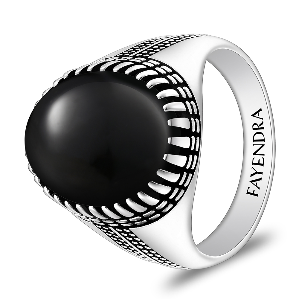 Sterling Silver 925 Ring Rhodium And Black Plated Embedded With Natural Black Agate Cabochon For Men