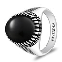 Sterling Silver 925 Ring Rhodium And Black Plated Embedded With Natural Black Agate Cabochon For Men