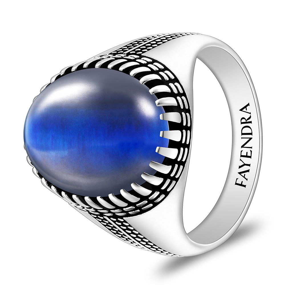 Sterling Silver 925 Ring Rhodium And Black Plated Embedded With Blue Tiger Eye Cabochon For Men