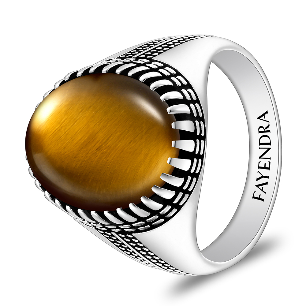 Sterling Silver 925 Ring Rhodium And Black Plated Embedded With Yellow Tiger Eye Cabochon For Men