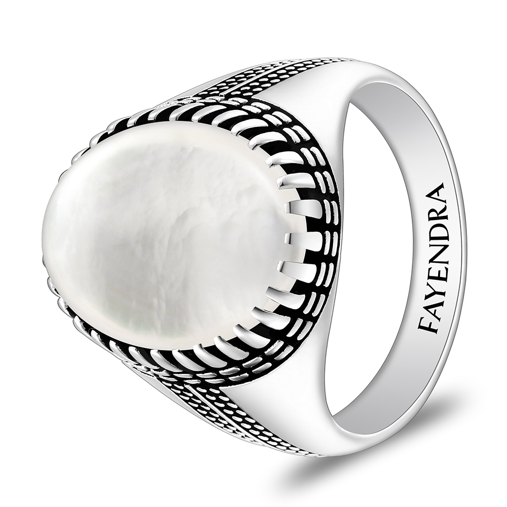 Sterling Silver 925 Ring Rhodium And Black Plated Embedded With White Shell Cabochon For Men