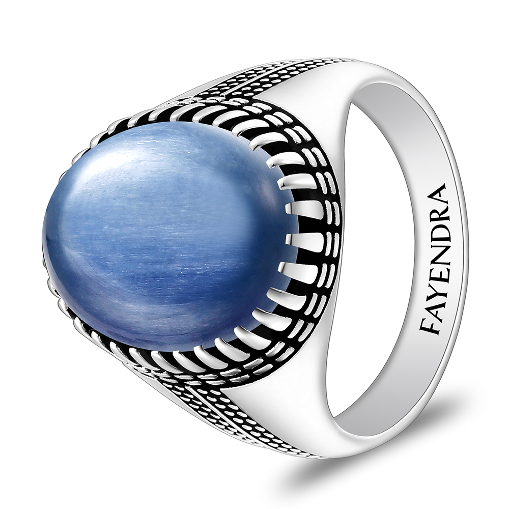Sterling Silver 925 Ring Rhodium And Black Plated Embedded With Natural Kyanite Cabochon For Men