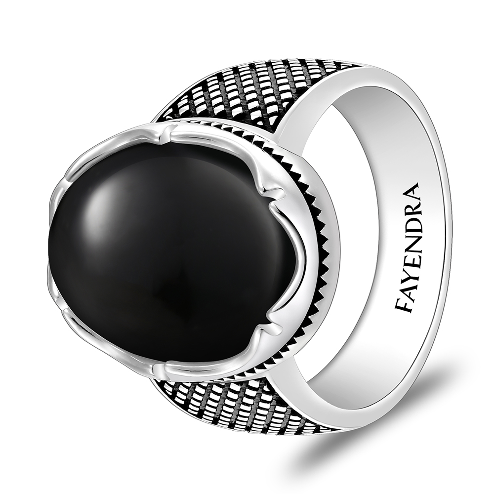 Sterling Silver 925 Ring Rhodium And Black Plated Embedded With Natural Black Agate Cabochon For Men