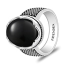 Sterling Silver 925 Ring Rhodium And Black Plated Embedded With Natural Black Agate Cabochon For Men