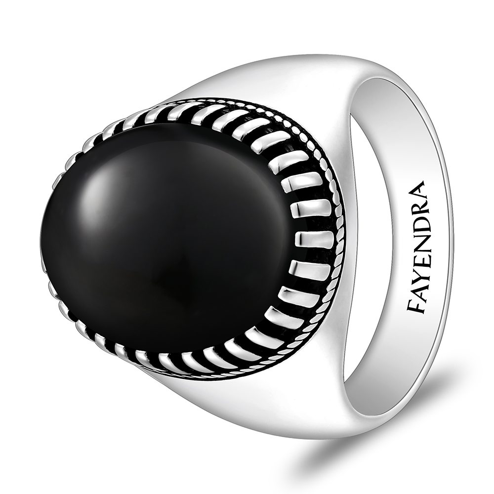 Sterling Silver 925 Ring Rhodium And Black Plated Embedded With Natural Black Agate Cabochon For Men