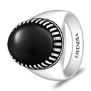 Sterling Silver 925 Ring Rhodium And Black Plated Embedded With Natural Black Agate Cabochon For Men