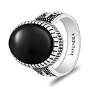 Sterling Silver 925 Ring Rhodium And Black Plated Embedded With Natural Black Agate Cabochon For Men