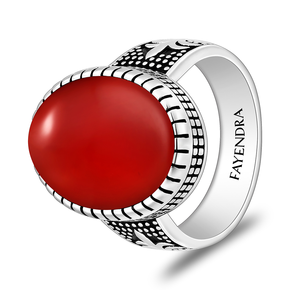 Sterling Silver 925 Ring Rhodium And Black Plated Embedded With Red Agate Cabochon For Men