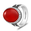 Sterling Silver 925 Ring Rhodium And Black Plated Embedded With Red Agate Cabochon For Men