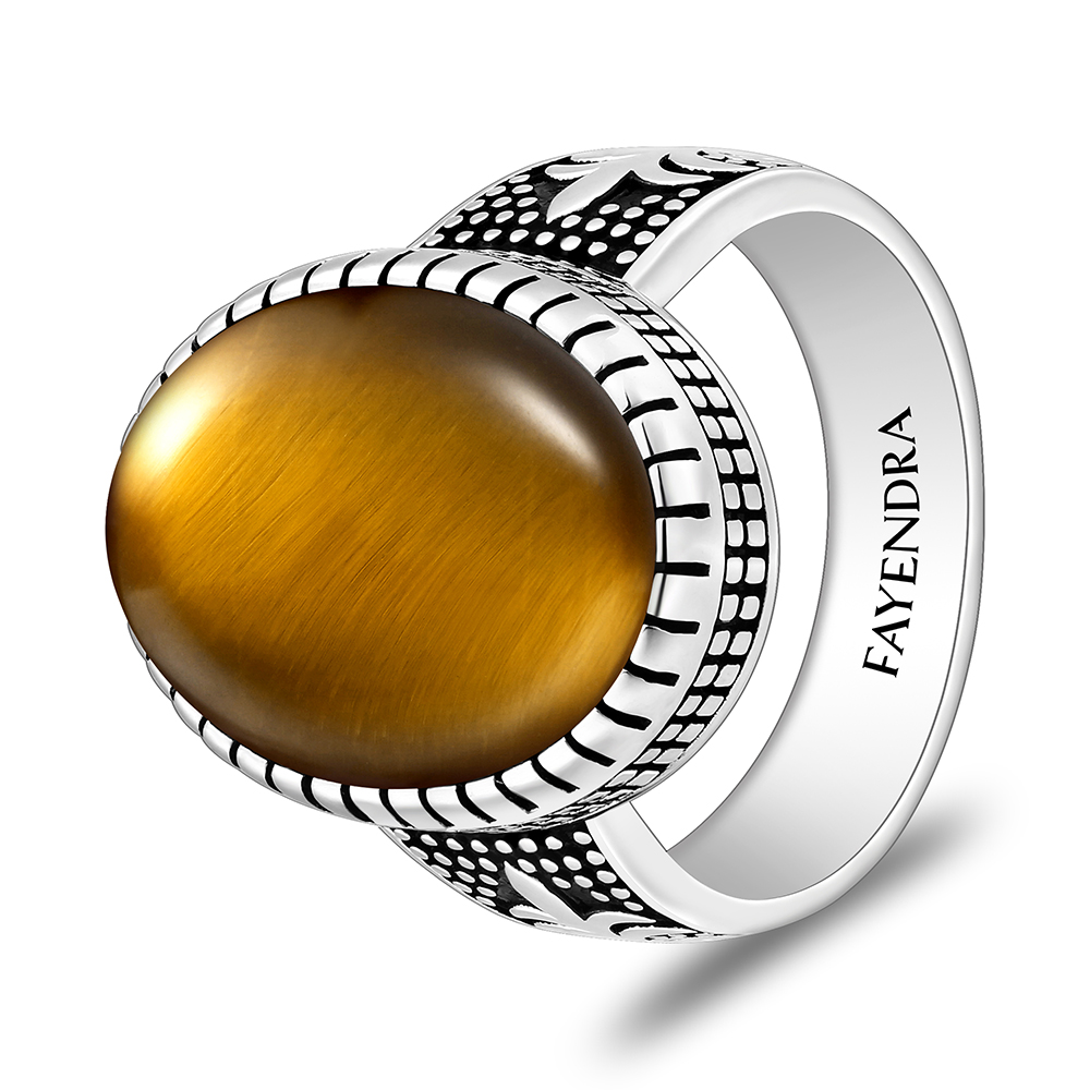 Sterling Silver 925 Ring Rhodium And Black Plated Embedded With Yellow Tiger Eye Cabochon For Men