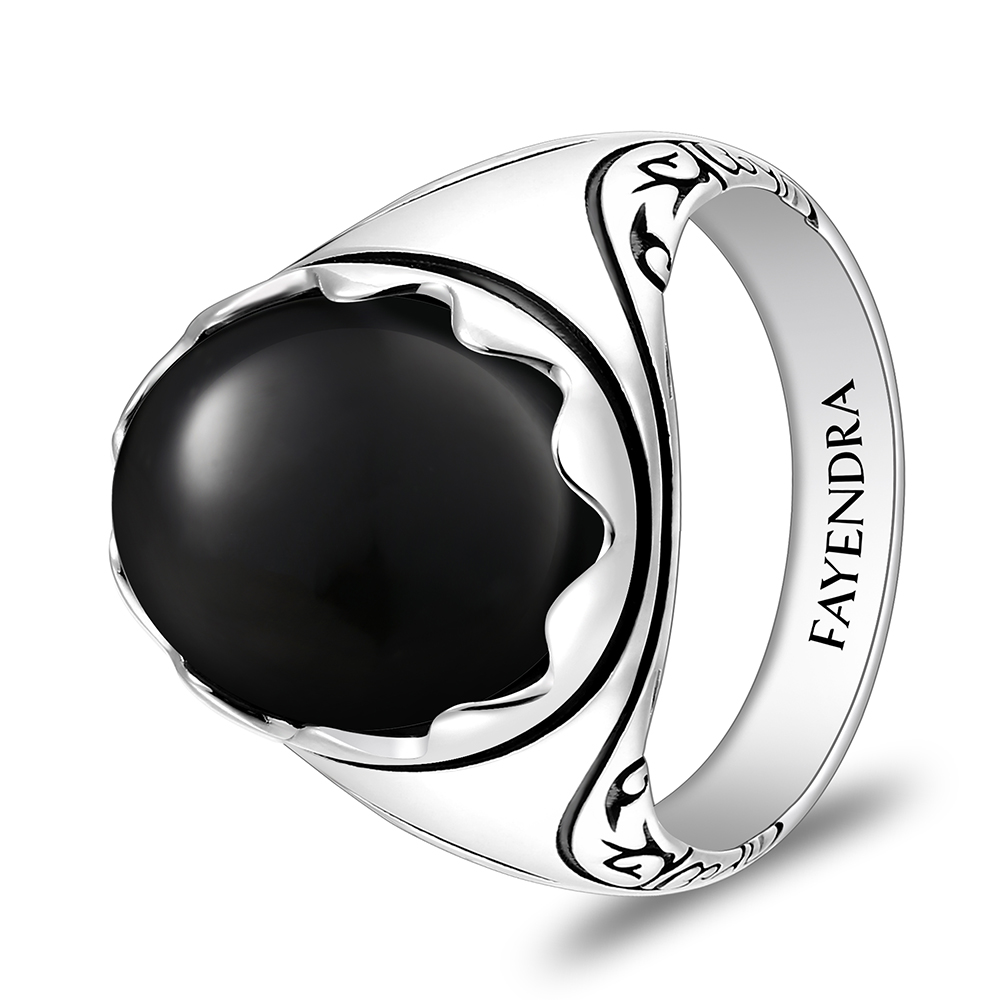 Sterling Silver 925 Ring Rhodium And Black Plated Embedded With Natural Black Agate Cabochon For Men