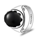 Sterling Silver 925 Ring Rhodium And Black Plated Embedded With Natural Black Agate Cabochon For Men