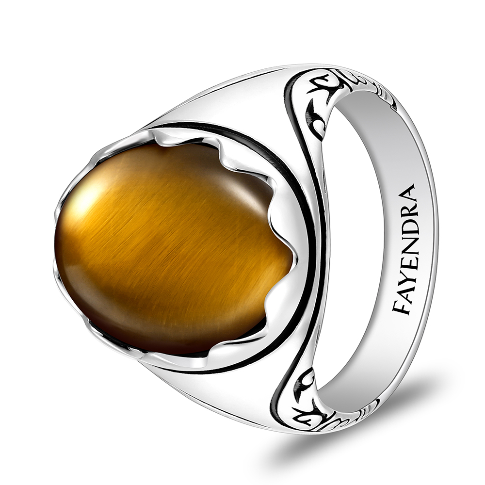 Sterling Silver 925 Ring Rhodium And Black Plated Embedded With Yellow Tiger Eye Cabochon For Men