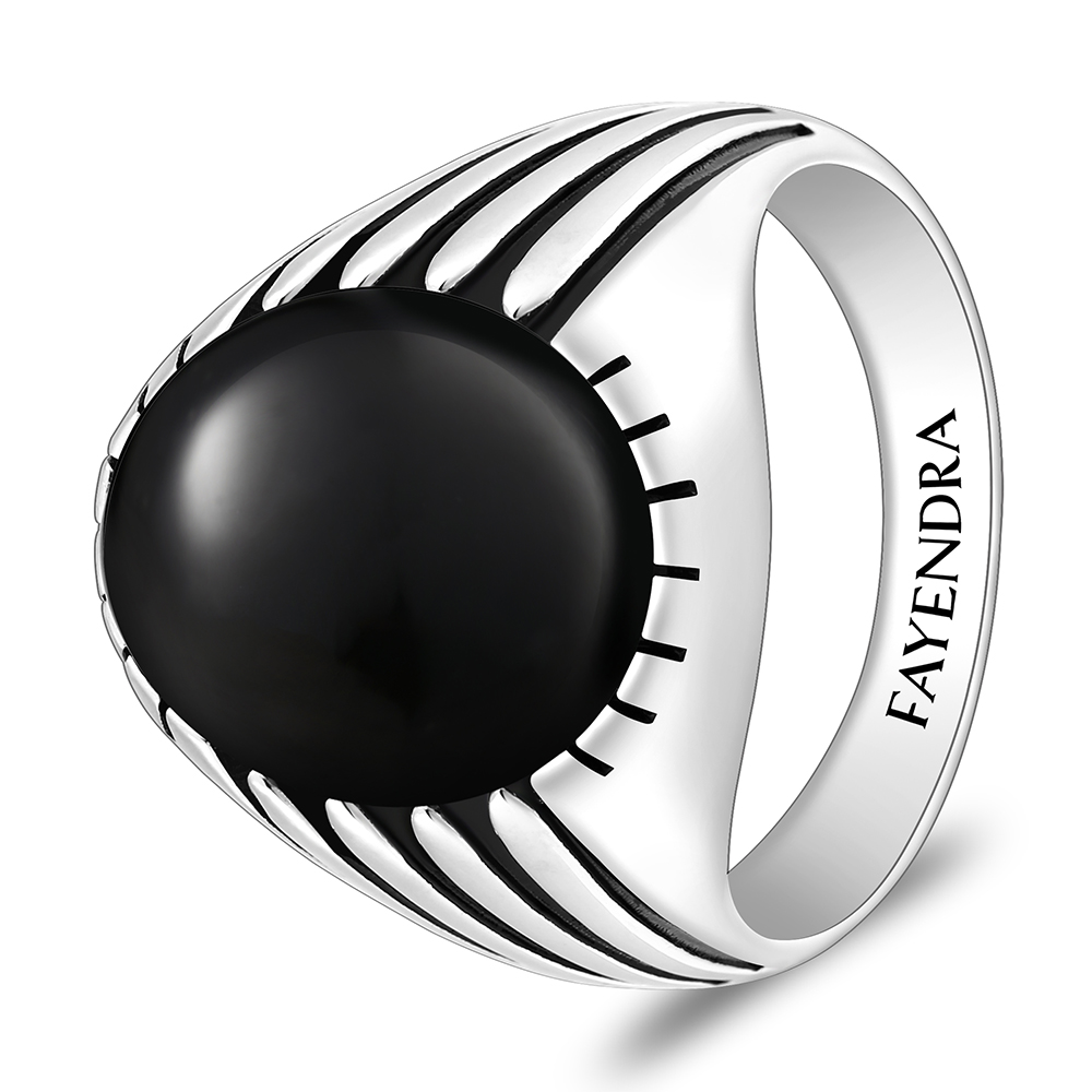 Sterling Silver 925 Ring Rhodium And Black Plated Embedded With Natural Black Agate Cabochon For Men