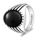 Sterling Silver 925 Ring Rhodium And Black Plated Embedded With Natural Black Agate Cabochon For Men