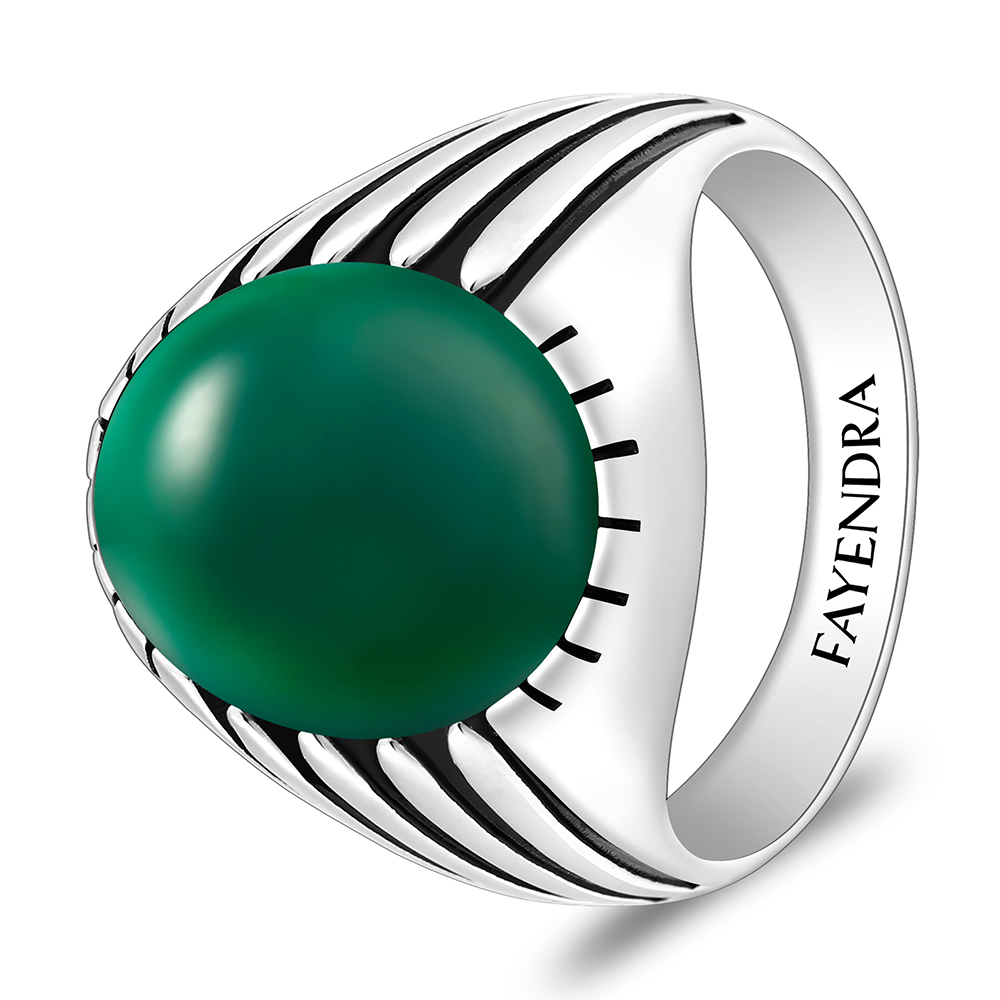 Sterling Silver 925 Ring Rhodium And Black Plated Embedded With Green Agate Cabochon For Men