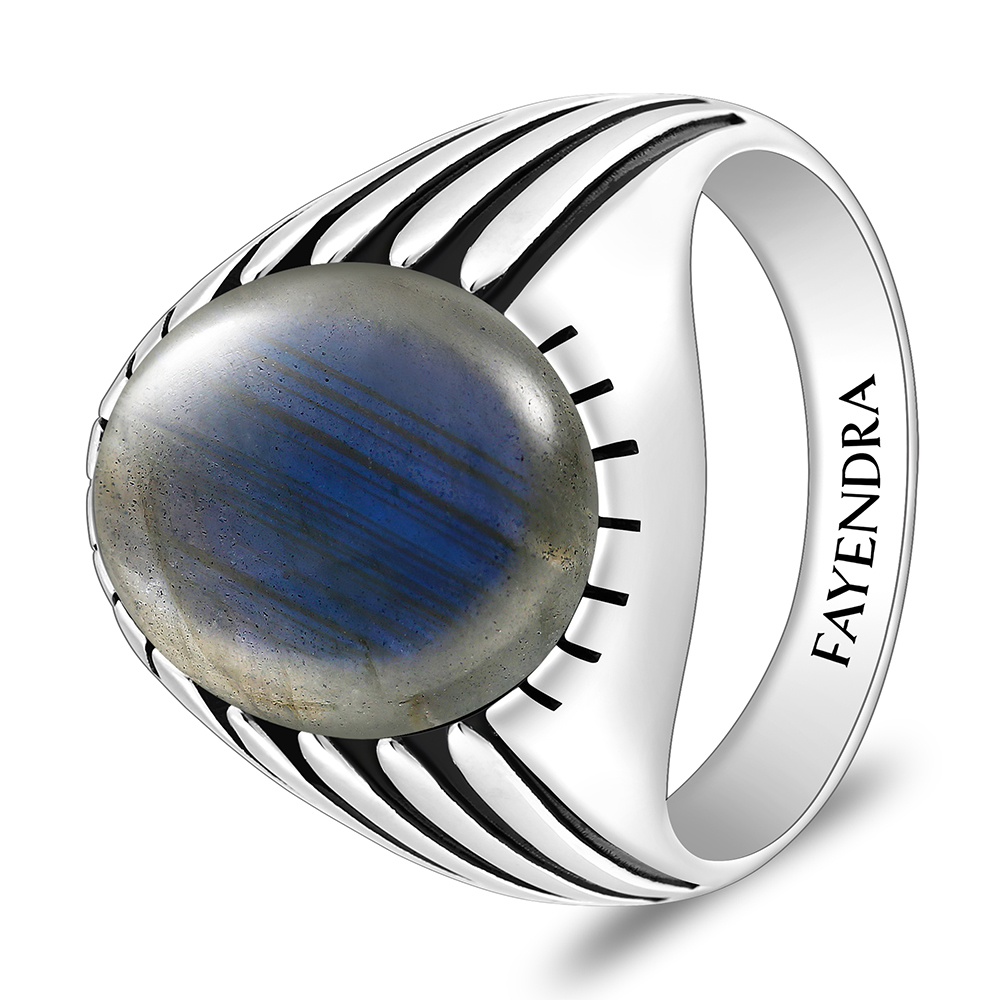 Sterling Silver 925 Ring Rhodium And Black Plated Embedded With Labradorite Opal Cabochon For Men