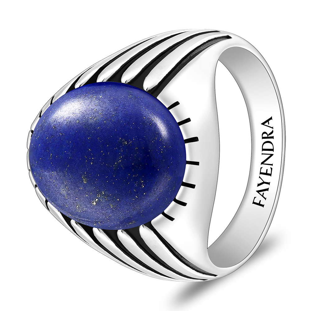 Sterling Silver 925 Ring Rhodium And Black Plated Embedded With Lapis Cabochon For Men