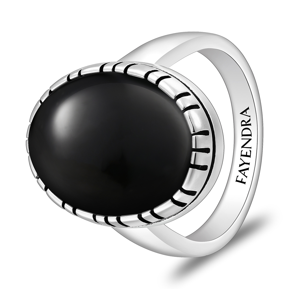Sterling Silver 925 Ring Rhodium And Black Plated Embedded With Natural Black Agate Cabochon For Men