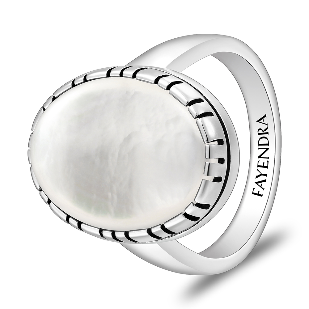 Sterling Silver 925 Ring Rhodium And Black Plated Embedded With White Shell Cabochon For Men