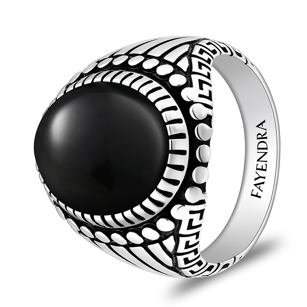 Sterling Silver 925 Ring Rhodium And Black Plated Embedded With Natural Black Agate Cabochon For Men