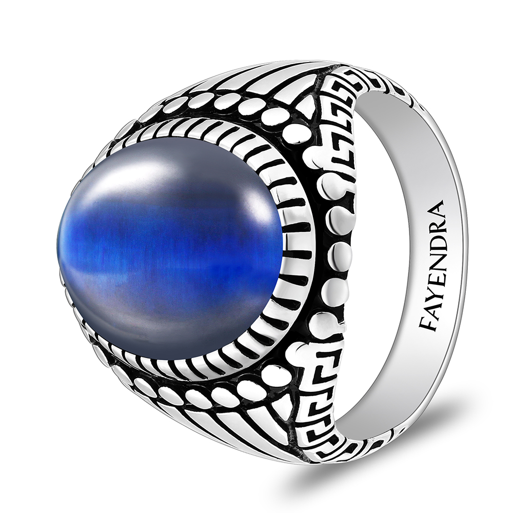 Sterling Silver 925 Ring Rhodium And Black Plated Embedded With Blue Tiger Eye Cabochon For Men