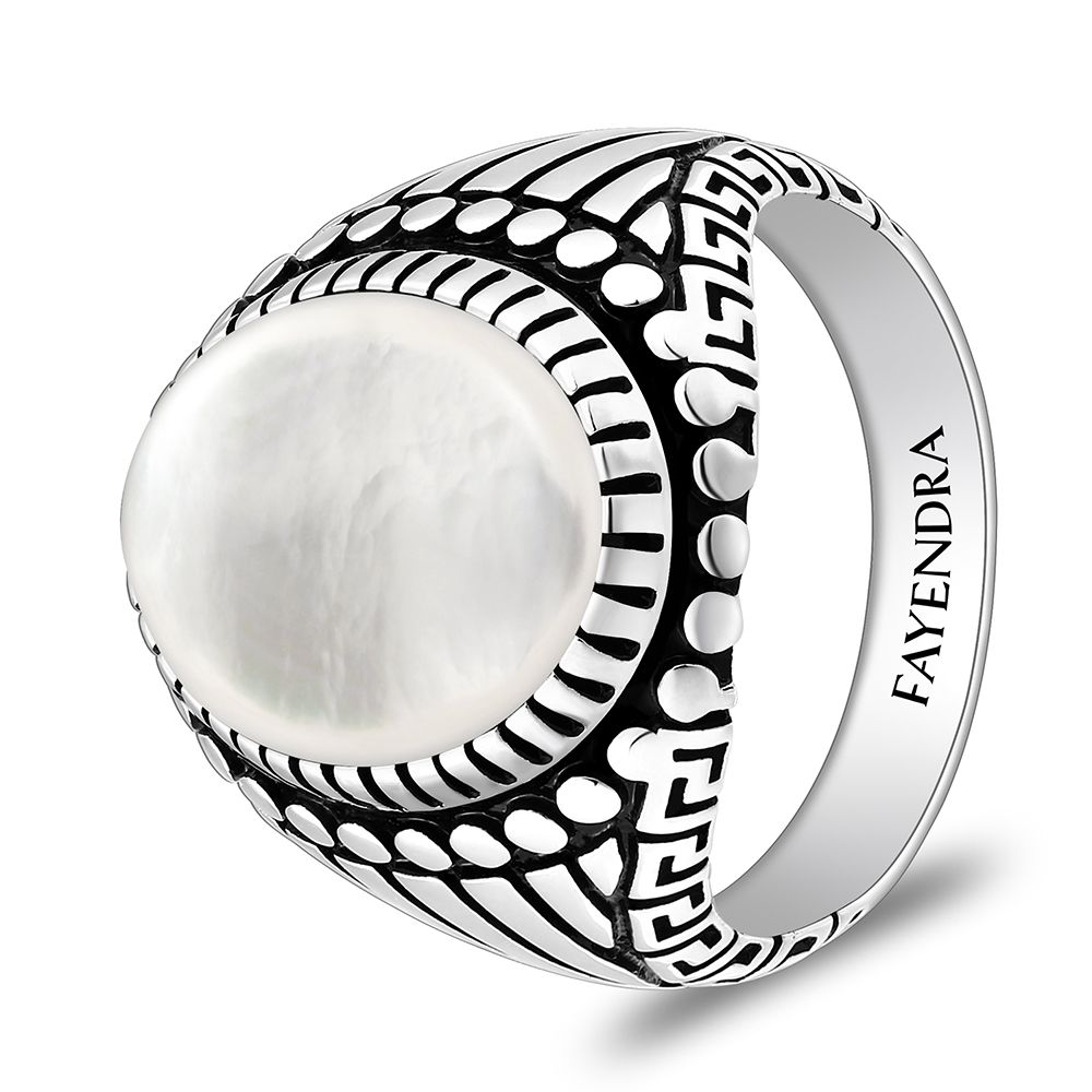 Sterling Silver 925 Ring Rhodium And Black Plated Embedded With White Shell Cabochon For Men