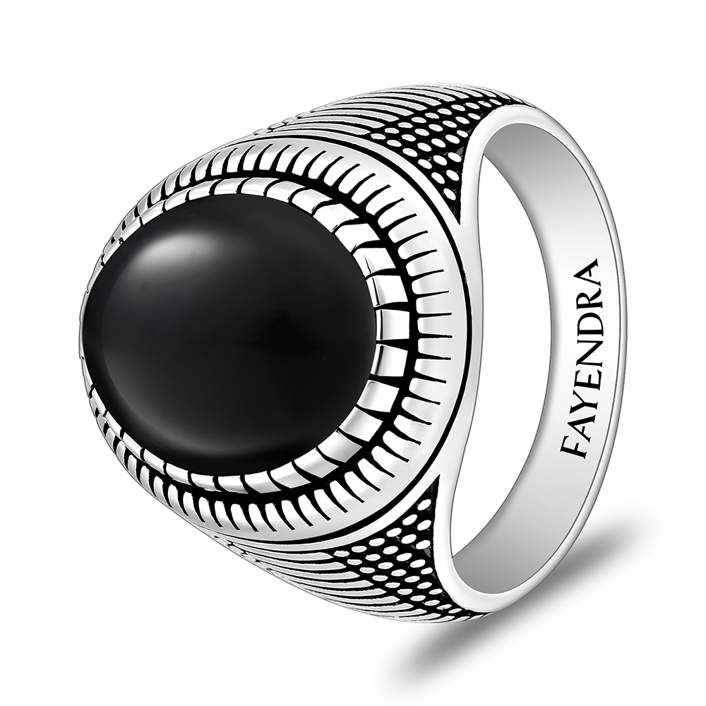 Sterling Silver 925 Ring Rhodium And Black Plated Embedded With Natural Black Agate Cabochon For Men