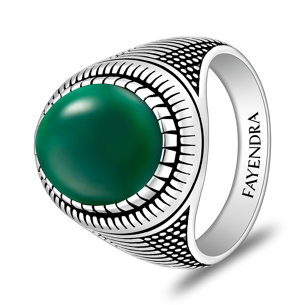 Sterling Silver 925 Ring Rhodium And Black Plated Embedded With Green Agate Cabochon For Men