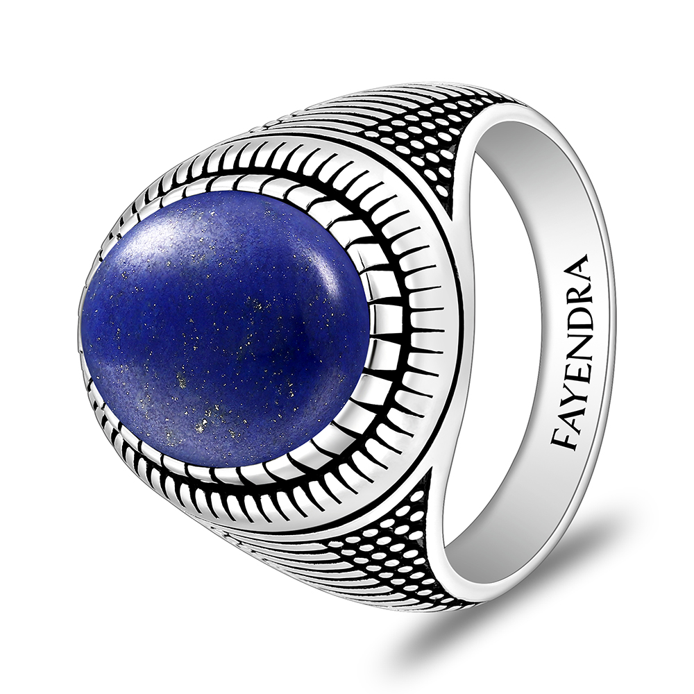 Sterling Silver 925 Ring Rhodium And Black Plated Embedded With Lapis Cabochon For Men