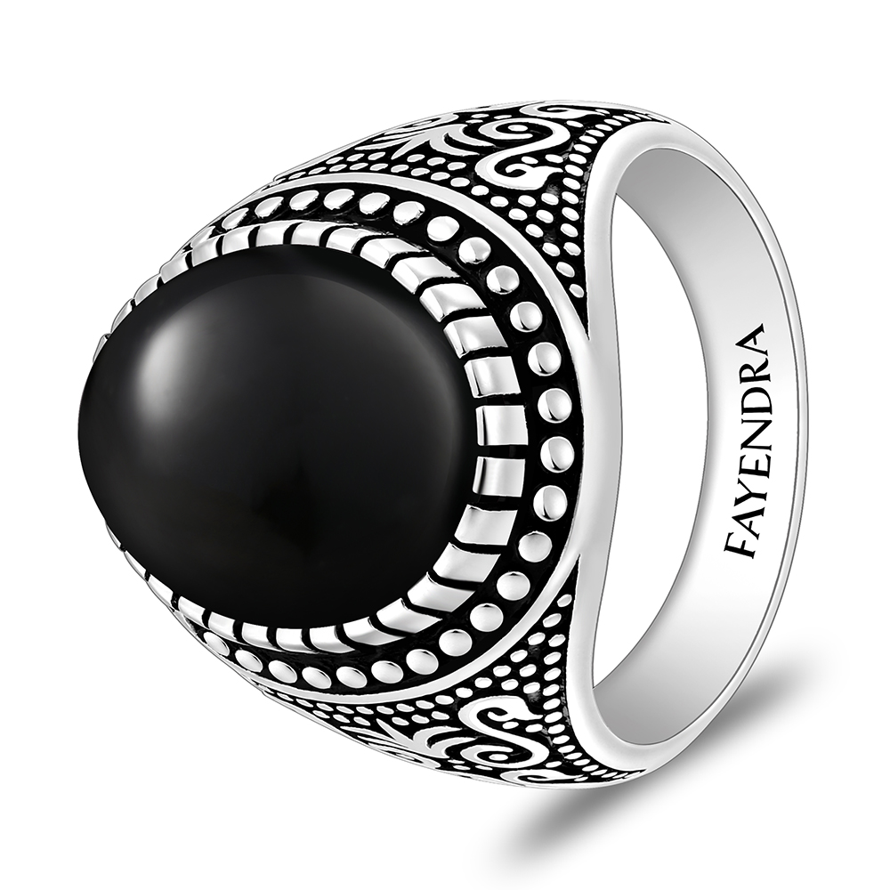 Sterling Silver 925 Ring Rhodium And Black Plated Embedded With Natural Black Agate Cabochon For Men