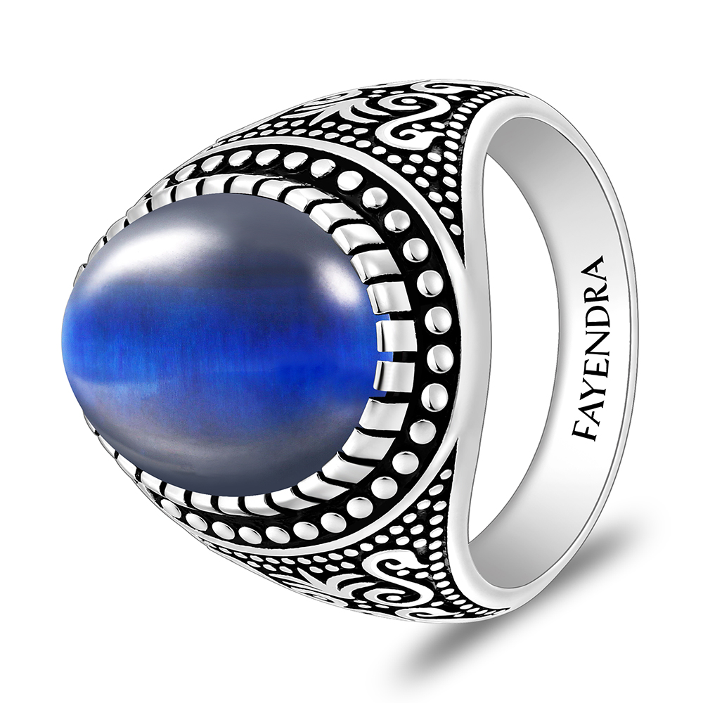 Sterling Silver 925 Ring Rhodium And Black Plated Embedded With Blue Tiger Eye Cabochon For Men