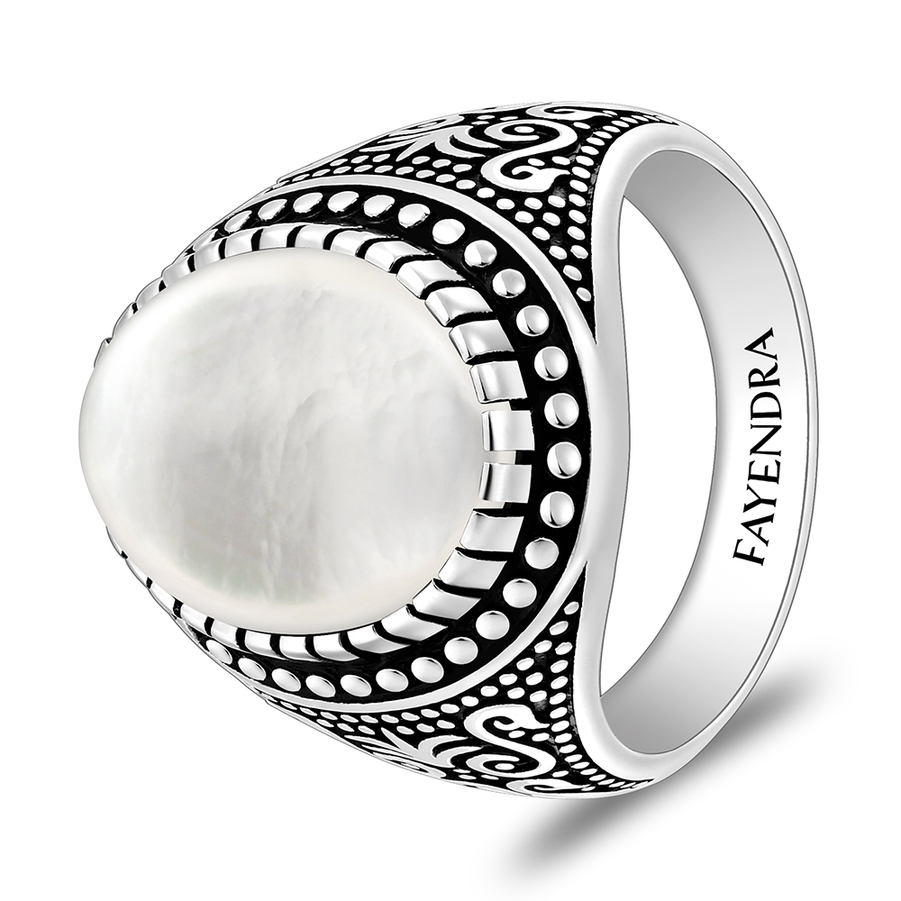 Sterling Silver 925 Ring Rhodium And Black Plated Embedded With White Shell Cabochon For Men