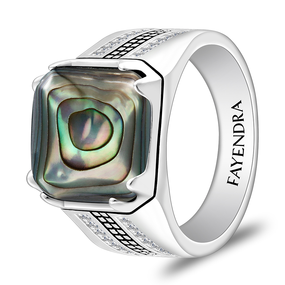 Sterling Silver 925 Ring Rhodium And Black Plated Embedded With Blue Shell Cabochon And White Zircon For Men