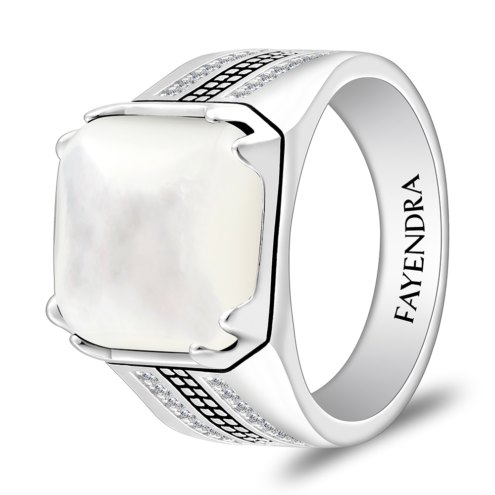 Sterling Silver 925 Ring Rhodium And Black Plated Embedded With White Shell Cabochon And White Zircon For Men
