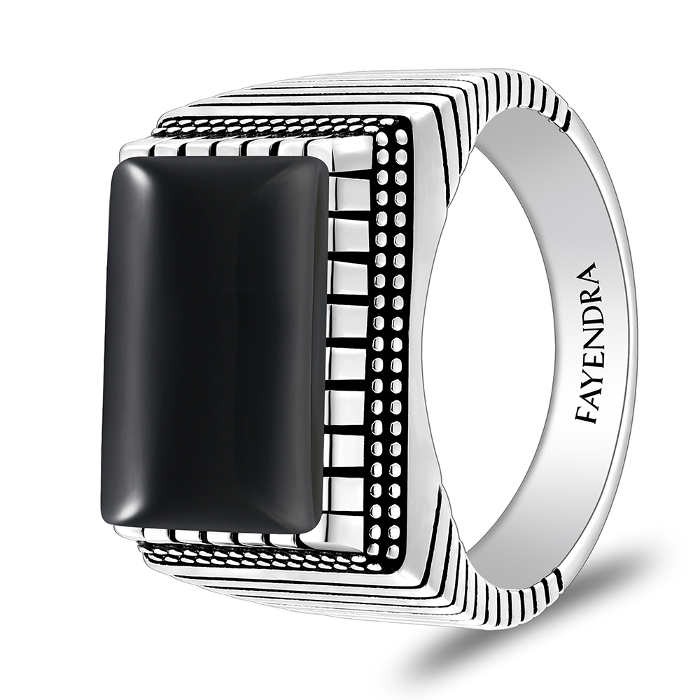 Sterling Silver 925 Ring Rhodium And Black Plated Embedded With Natural Black Agate Cabochon For Men