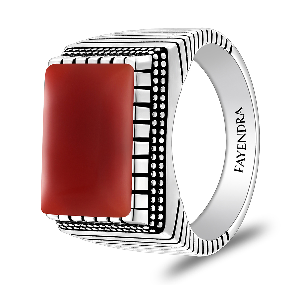 Sterling Silver 925 Ring Rhodium And Black Plated Embedded With Red Agate Cabochon For Men