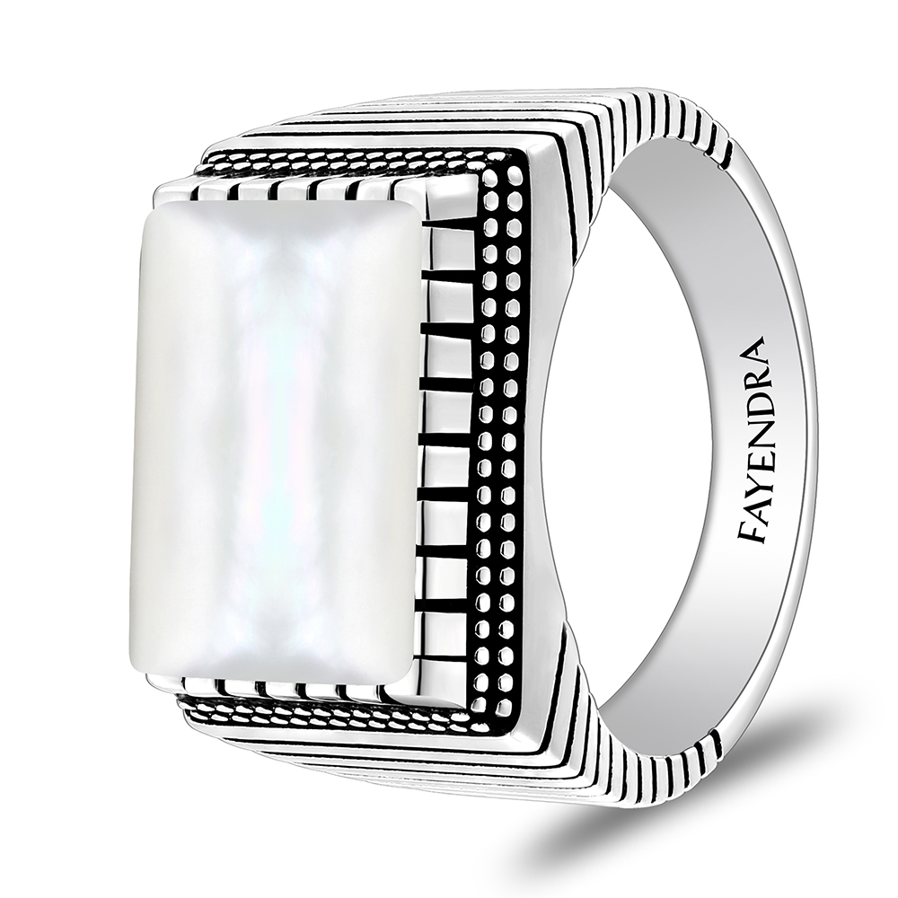 Sterling Silver 925 Ring Rhodium And Black Plated Embedded With White Shell Cabochon For Men