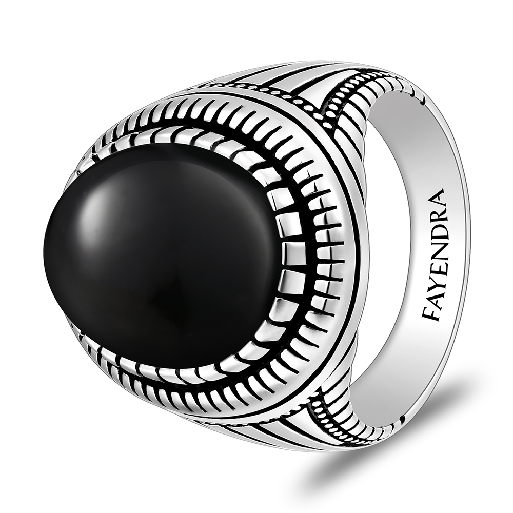 Sterling Silver 925 Ring Rhodium And Black Plated Embedded With Natural Black Agate Cabochon For Men
