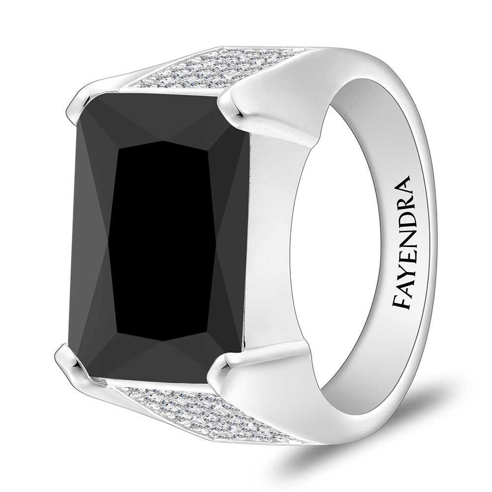 Sterling Silver 925 Ring Rhodium Plated Embedded With Black Spinal And White Zircon For Men