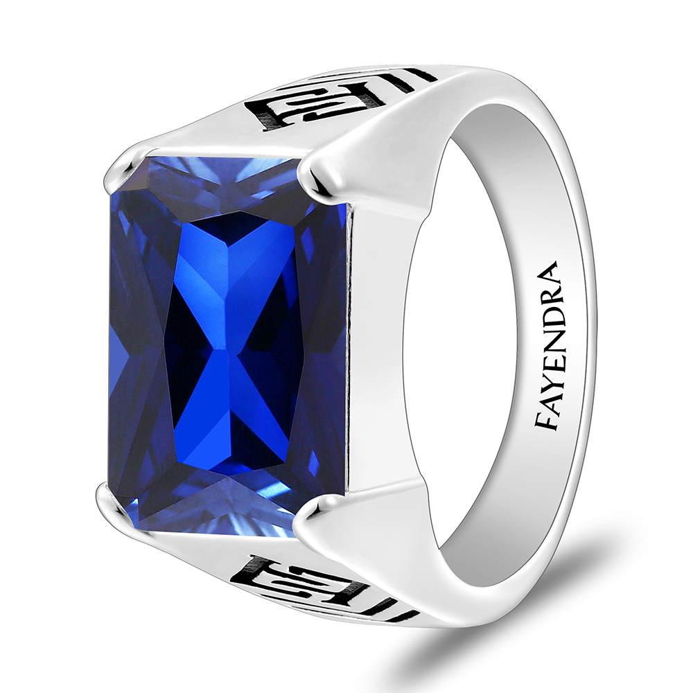 Sterling Silver 925 Ring Rhodium And Black Plated Embedded With Sapphire Corundum For Men