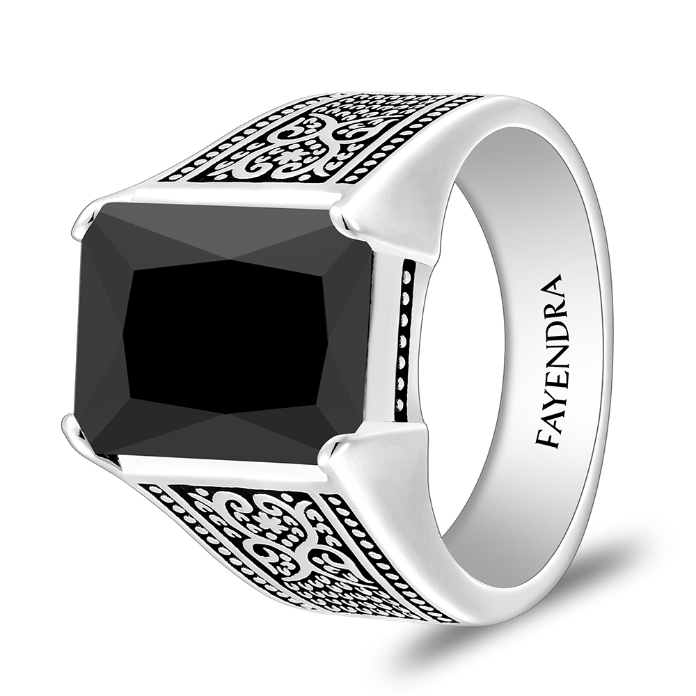 Sterling Silver 925 Ring Rhodium And Black Plated Embedded With Black Spinal For Men