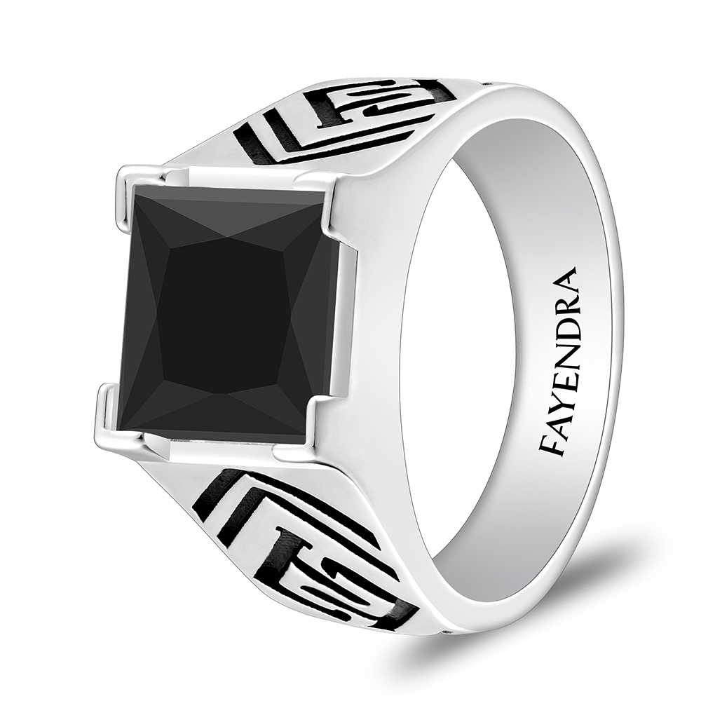 Sterling Silver 925 Ring Rhodium And Black Plated Embedded With Black Spinal For Men