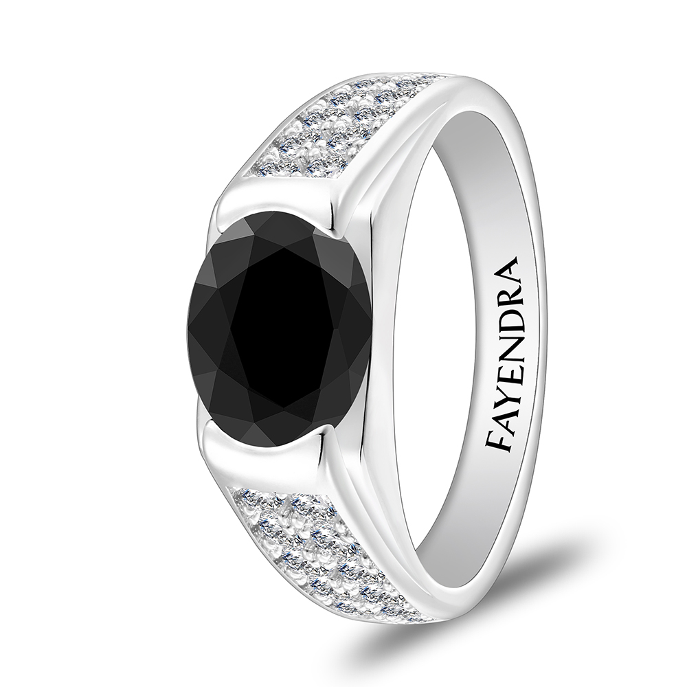 Sterling Silver 925 Ring Rhodium Plated Embedded With Black Spinal And White Zircon For Men